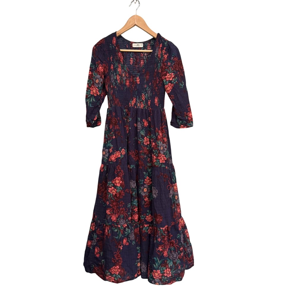 Natural Life Navy Floral Smocked Tiered Maxi Dress XS Boho V-Neck 3/4 Sleeve